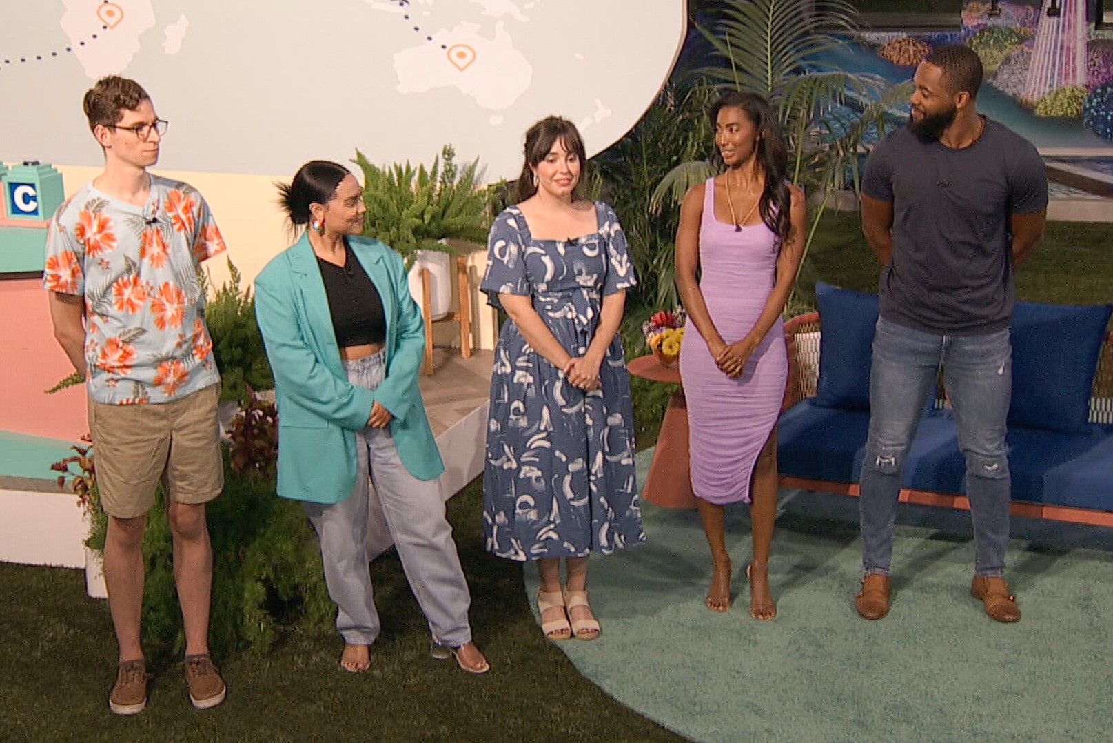 Michael Bruner, Jasmine Davis, Brittany Hoopes, Taylor Hale, and Monte Taylor, who all could be the 'Big Brother 24' winner, stand next to each other in the backyard after the week seven Head of Household competition. 