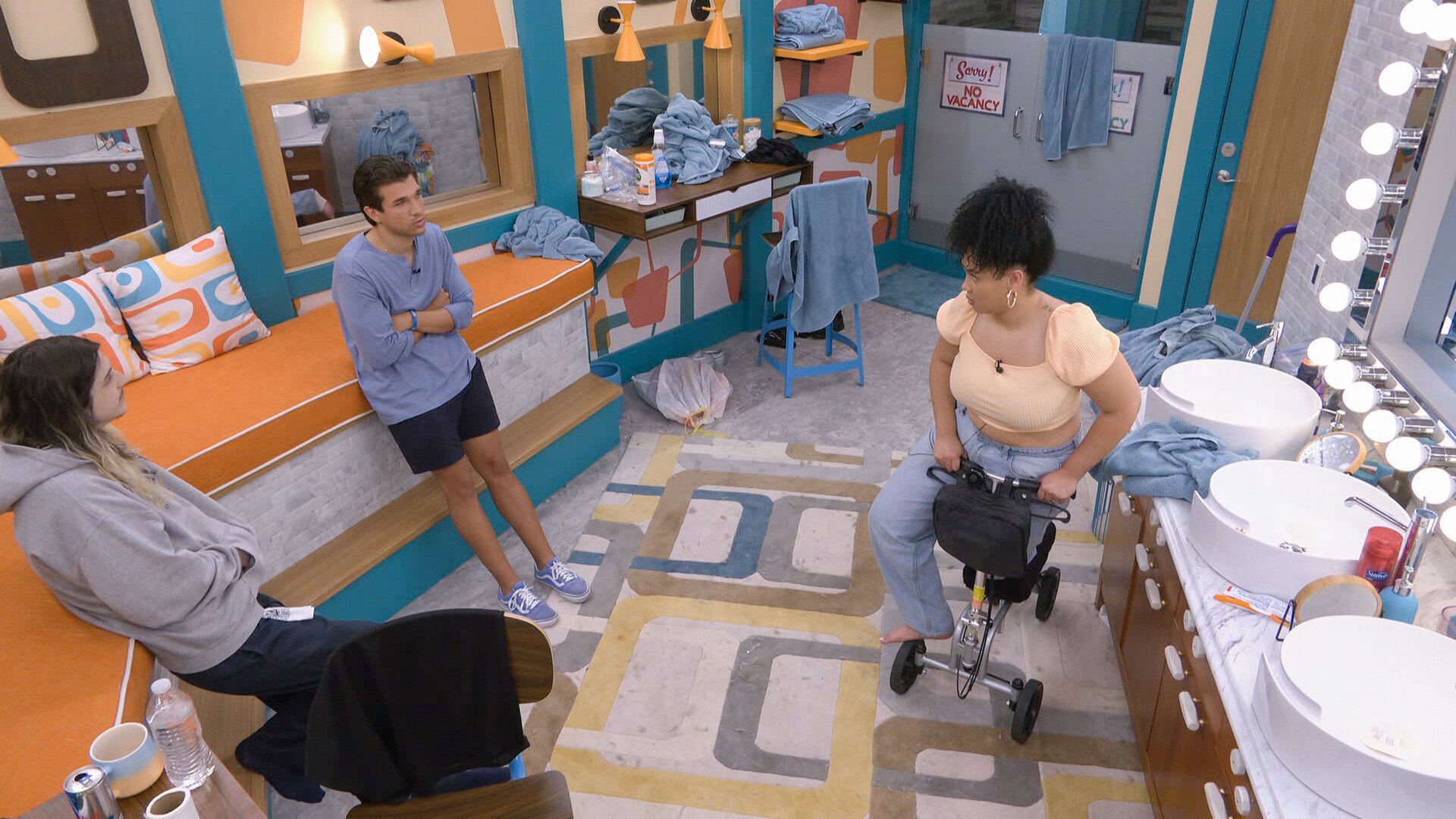 Matt Turner, Joe Picciarelli, and Jasmine Davis talking in the bathroom during 'Big Brother 24'