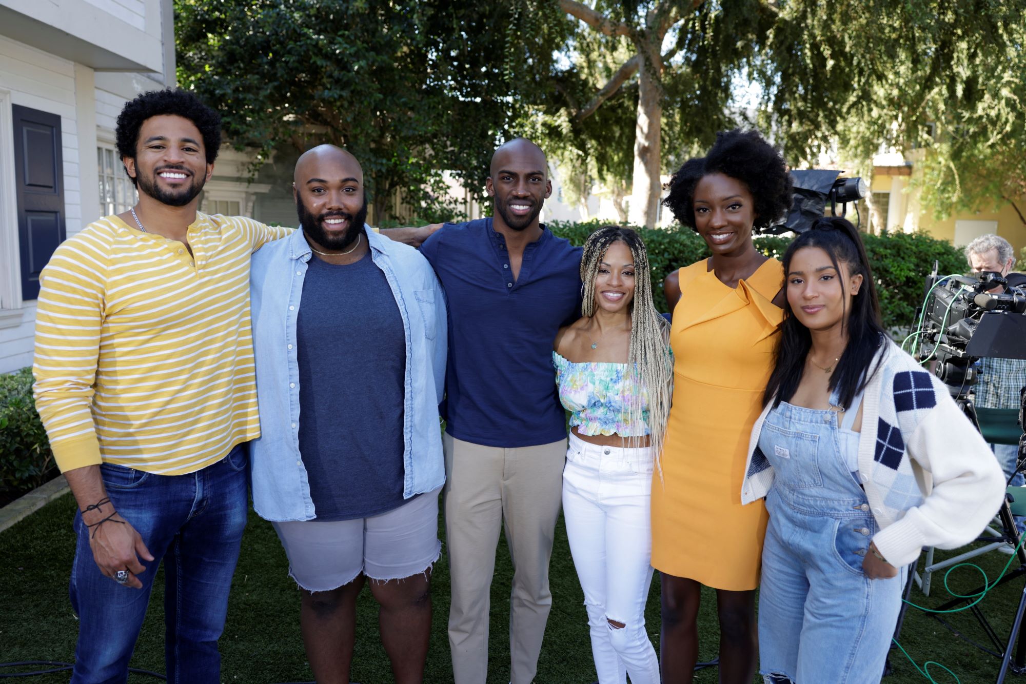 Kyland Young, Derek Frazier, Xavier Prather, Tiffany Mitchell, who will appear in the 'Big Brother 24' episode tonight, Aug. 24, Azah Awasum, and Hannah Chaddha pose for pictures.