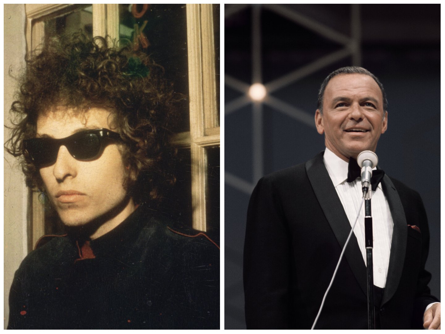 Bob Dylan wears sunglasses and stands near a window. Frank Sinatra wears a tuxedo and talks into a microphone