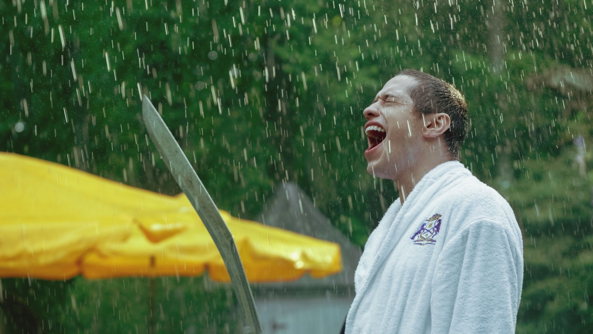 'Bodies Bodies Bodies' had a shocking ending with Pete Davidson as David. he's wearing a white robe and shouting, while holding a sword with rain falling all around him.