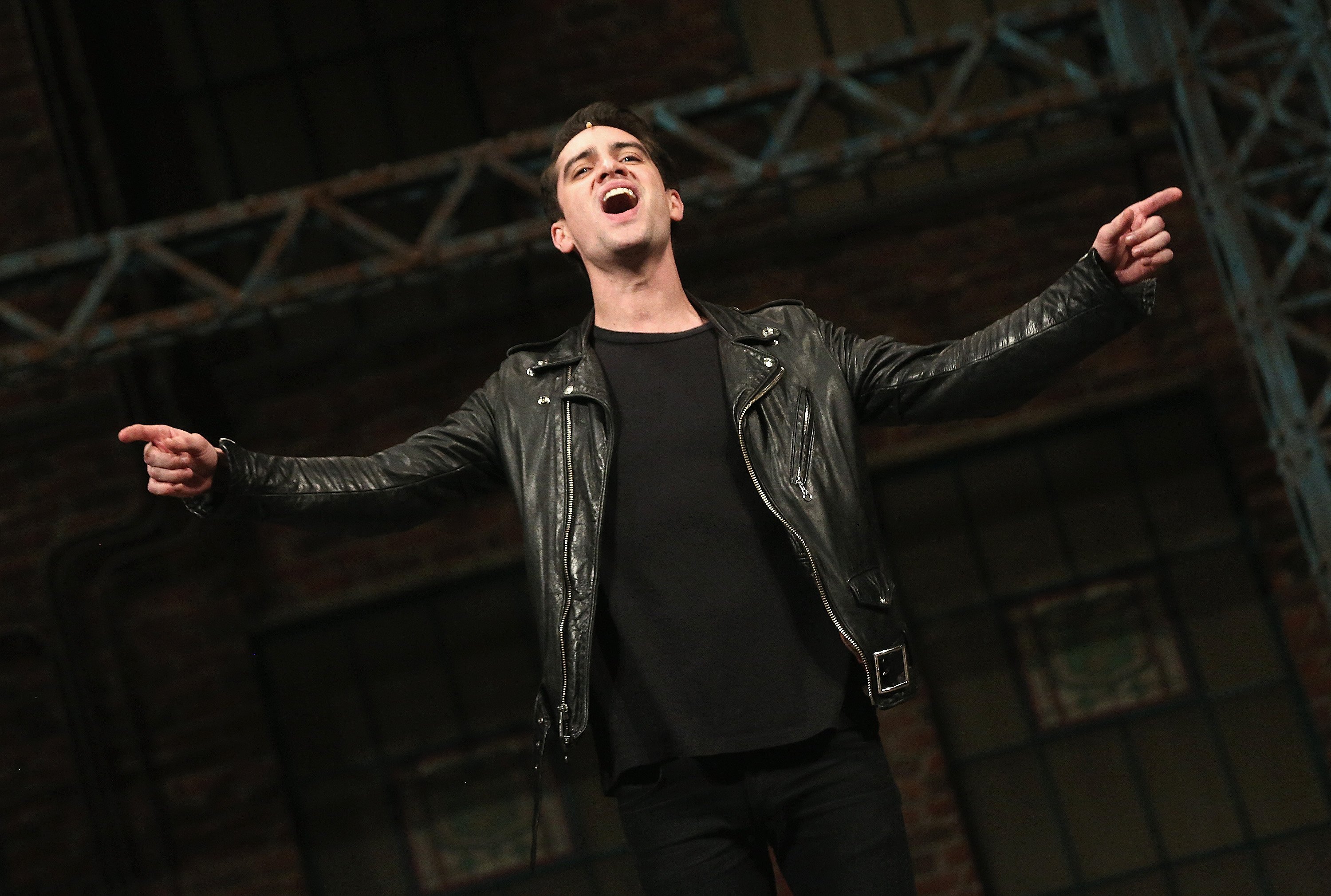 Brendon Urie of the band 'Panic! At The Disco' performs 'Soul of a Man' at a rehearsal for his broadway debut in the hit musical 'Kinky Boots'