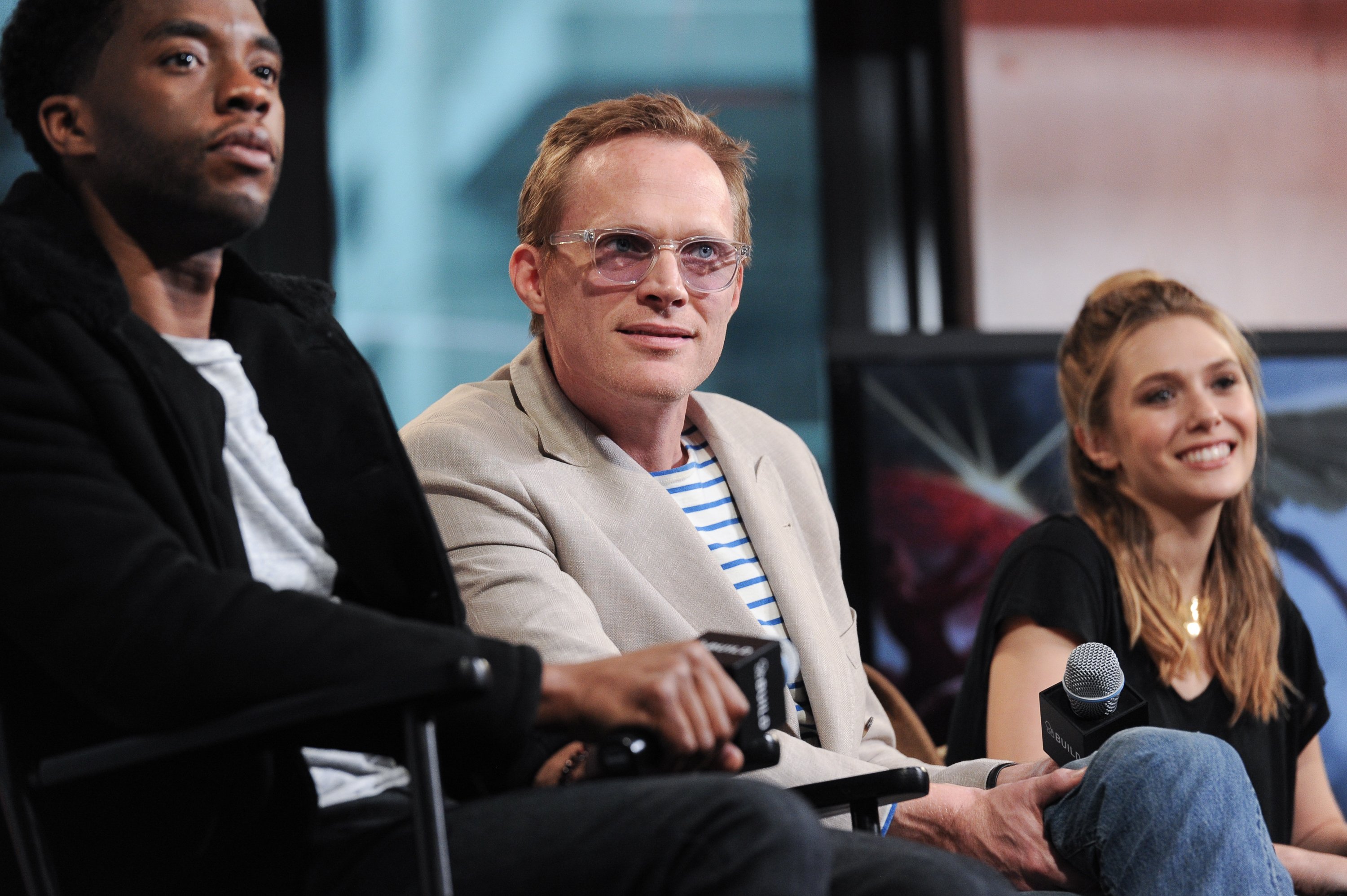 Chadwick Boseman, Paul Bettany, and Elizabeth Olsen attend AOL Build presents Captain America: Civil War directed by the Russo brothers
