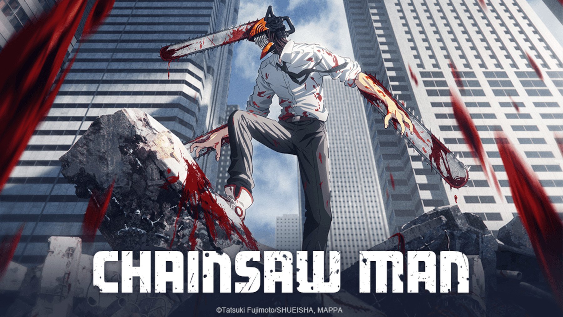 Key art for the 'Chainsaw Man' anime which features a boy who's merged with a chainsaw demon. He's standing in front of tall buildings and covered in blood.