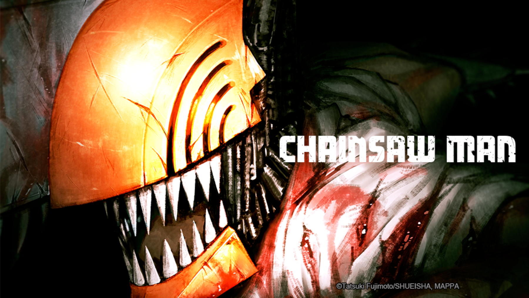 Key art for 'Chainsaw Man,' which recevied a bloody new trailer and October release date window. It shows a yellow chainsaw head with sharp teeth.