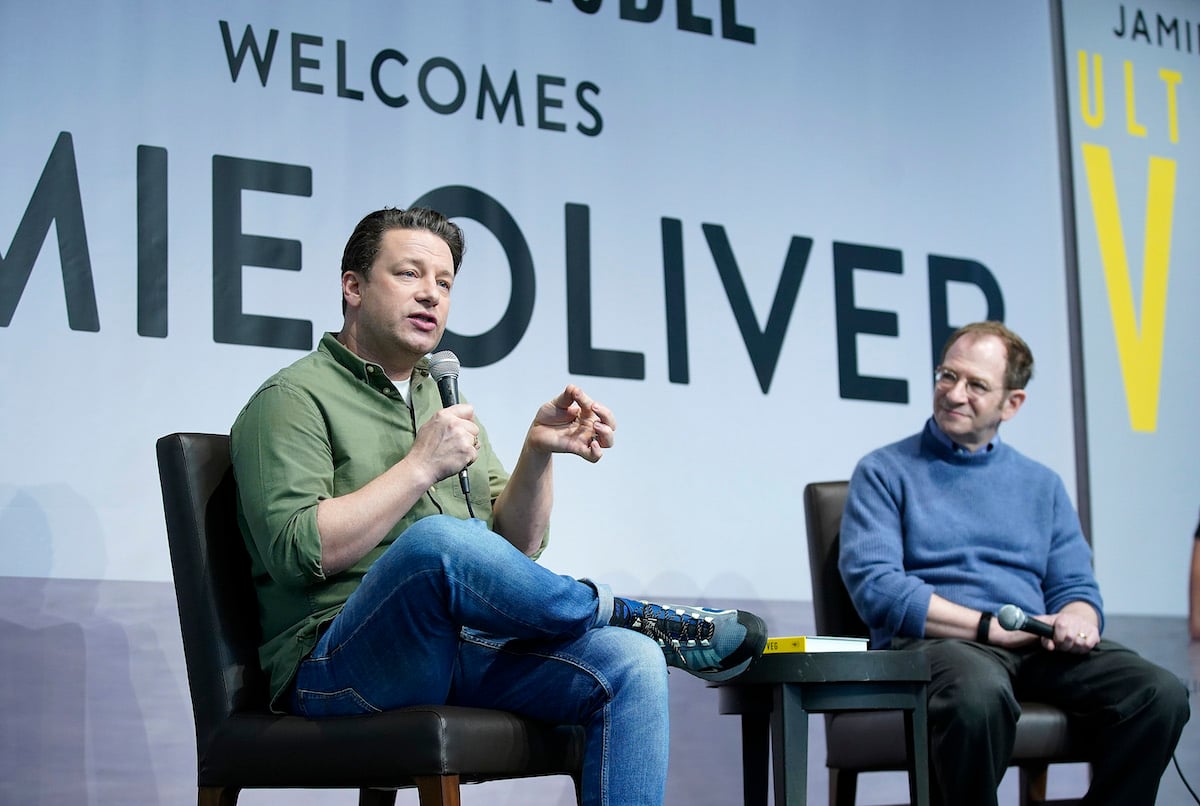 Jamie Oliver speaks during a book signing event for his new book "Ultimate Veg"