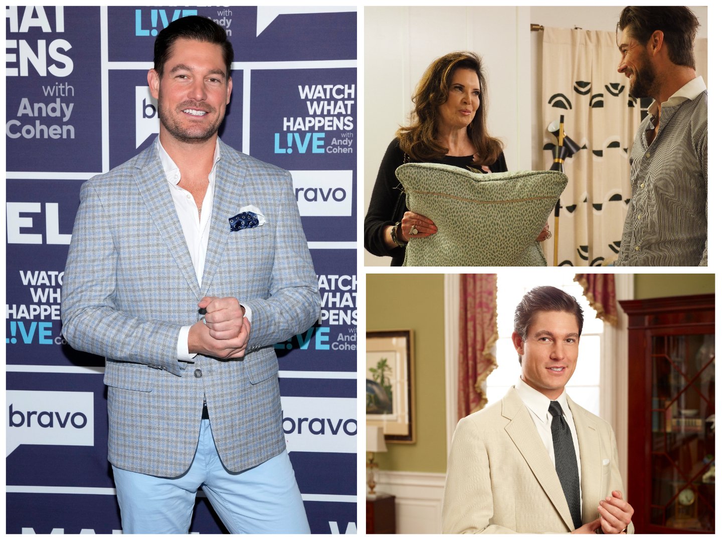 Cast photos of Craig Conover from Southern Charm plus Patricia Altschul holds a pillow in front of Craig Conover 