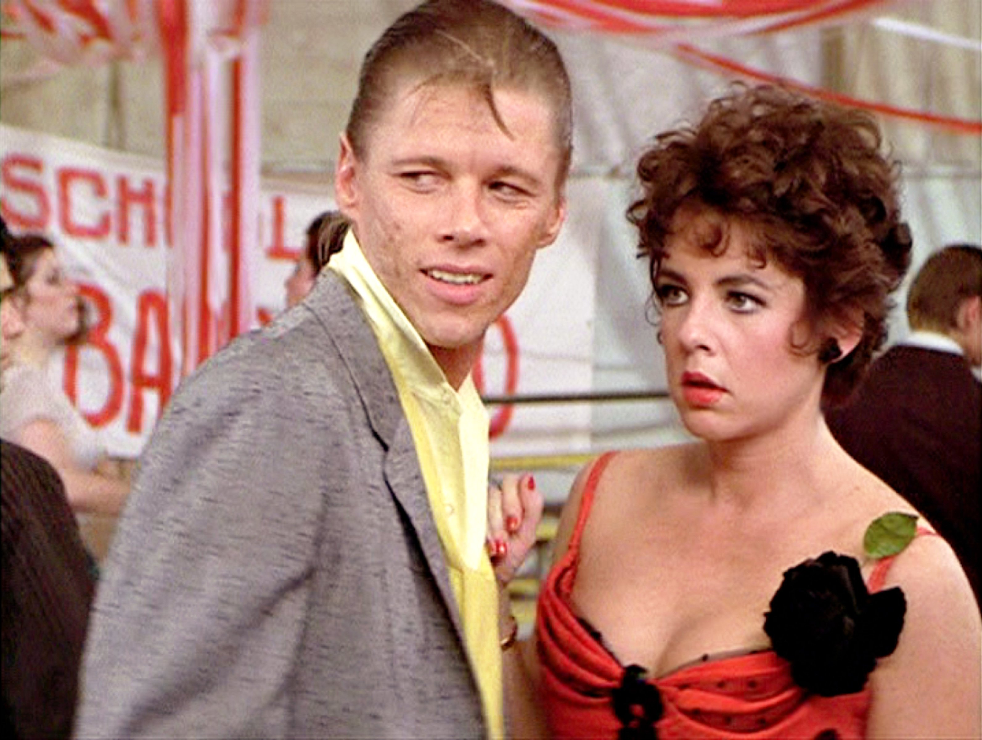 Dennis Stewart as Scorpions gang member Leo, and Stockard Channing as Rizzo on the set of 'Grease'