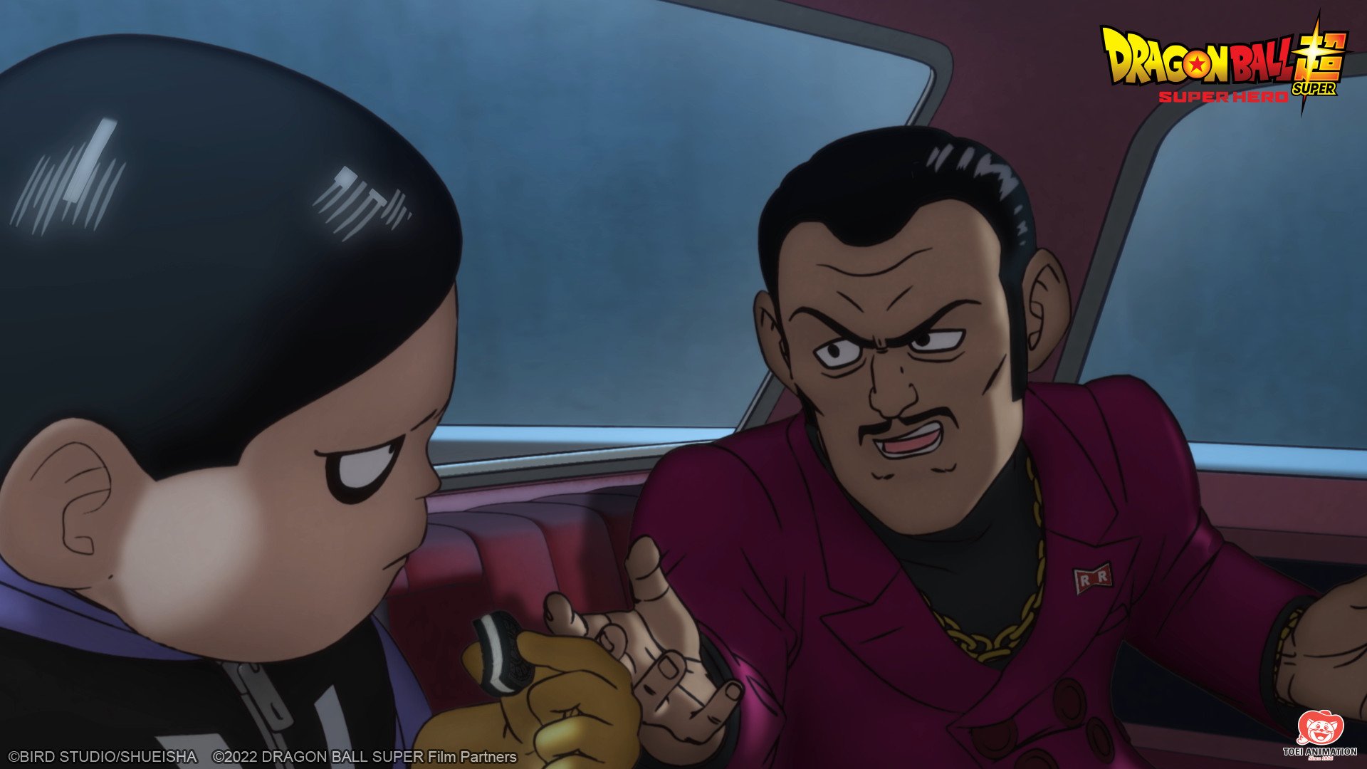 Dr. Hedo and Magenta, two new characters from 'Dragon Ball Super: Super Hero.' They're talking to one another in the backseat of a car.