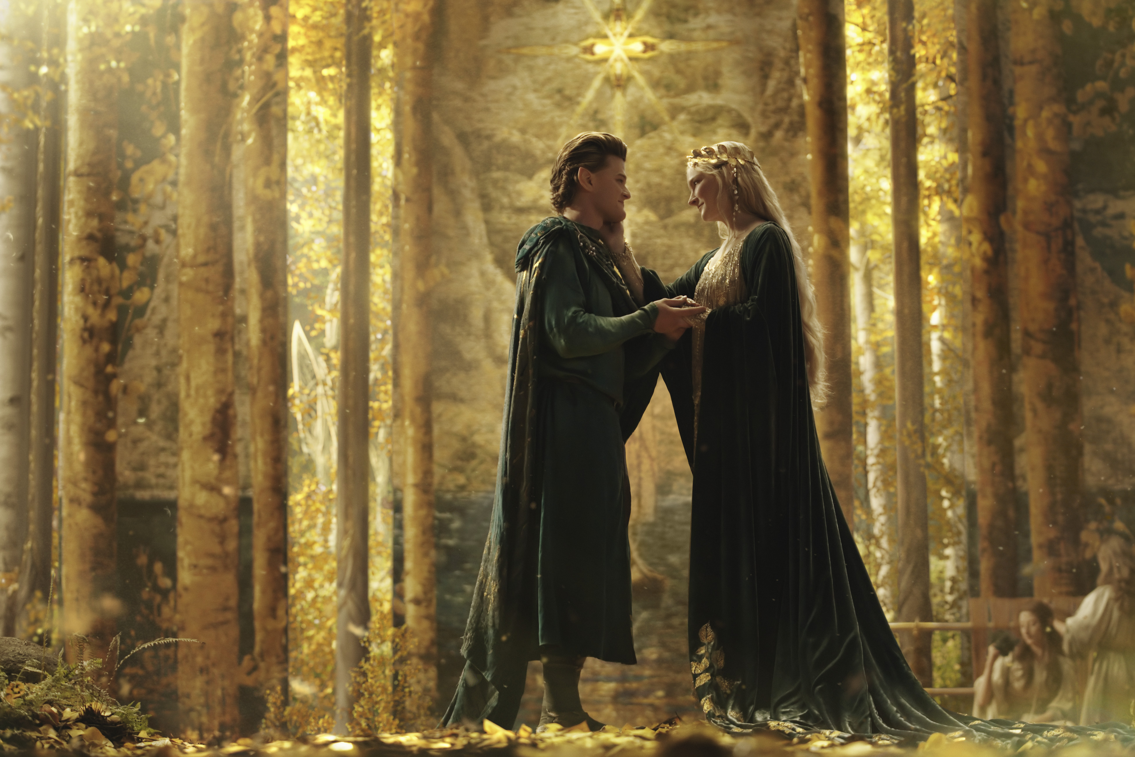 Robert Aramayo as Elrond and  Morfydd Clark as Galadriel in The Lord of the Rings: The Rings of Power on Amazon