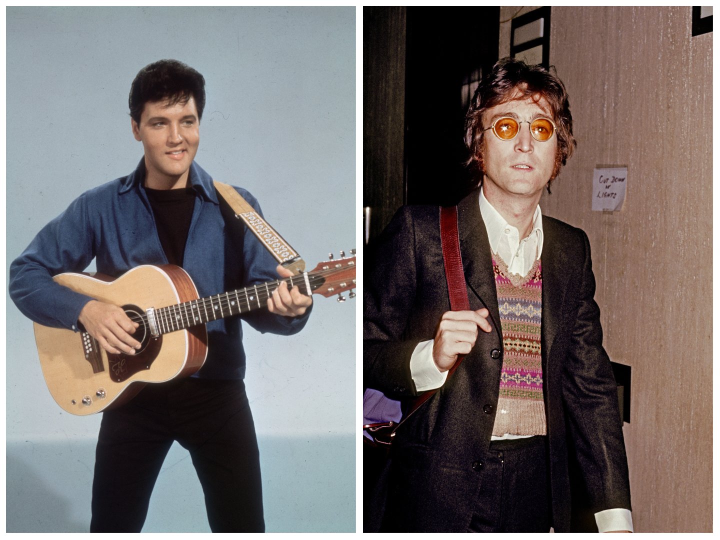 Elvis holds a guitar. John Lennon carries a bag over his shoulder and wears sunglasses.