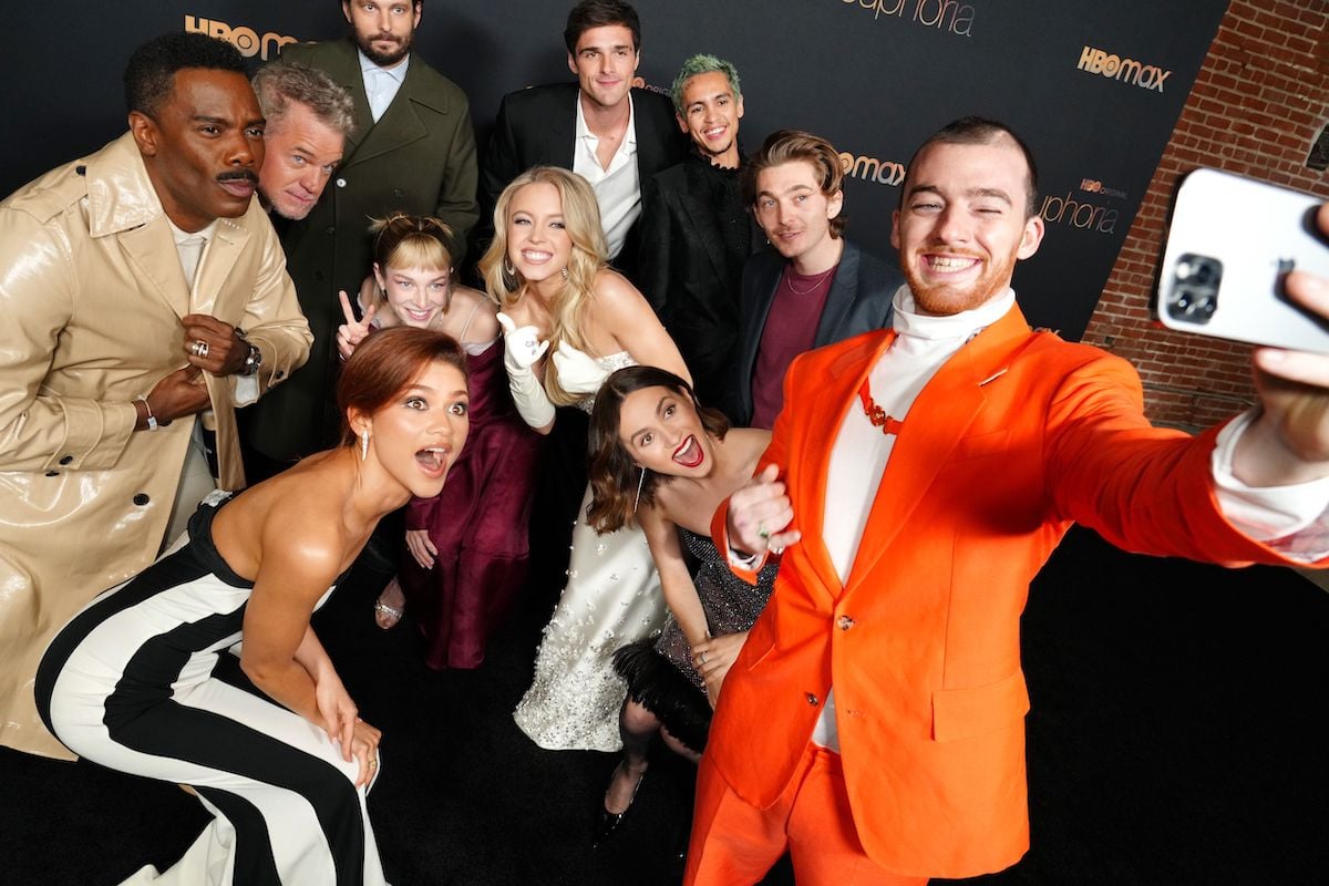 Colman Domingo, Eric Dane, Zendaya, Sam Levinson, Hunter Schafer, Sydney Sweeney, Jacob Elordi, Dominic Fike, Maude Apatow, Austin Abrams, and Angus Cloud take a selfie at HBO's "Euphoria" Season 2 Photo Call