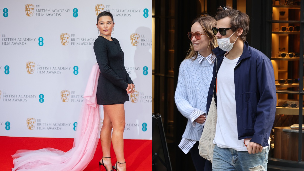 (L) Florence Pugh attends the EE British Academy Film Awards 2022 (R) Harry Styles and Olivia Wilde spotted in Soho in 2022