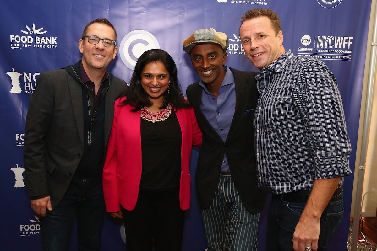 Ted Allen with Chopped chefs Maneet Chauhan, Marcus Samuelsson, and Marc Murphy at a media event in 2015