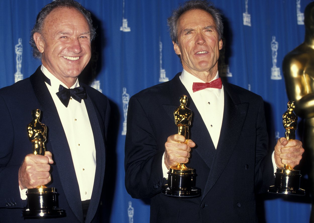 Gene Hackman (left) and Clint Eastwood hold their Oscars for 'Unforgiven' at the 1993 Academy Awards. Eastwood once said he liked that Hackman's villain in 'Unforgiven' was more or less a regular guy who never thought he was wrong.