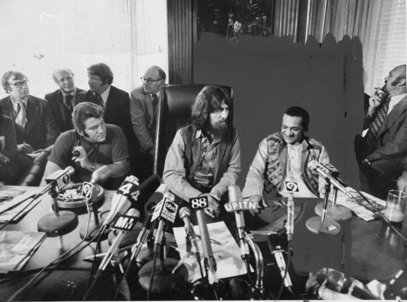 George Harrison and Ravi Shankar at a press conference for the Concert for Bangladesh.