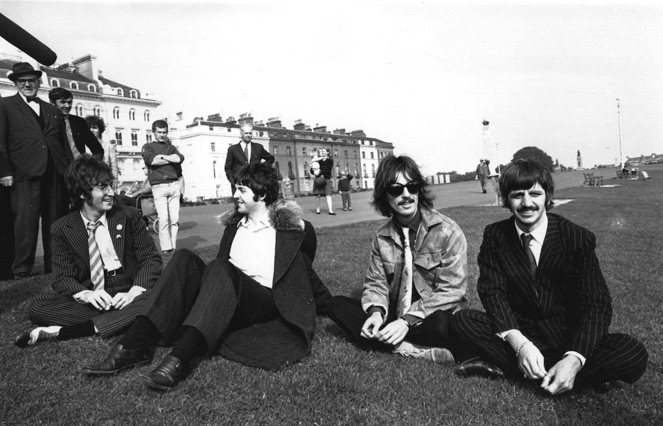 The Beatles during the filming of 'Magical Mystery Tour' in 1967.