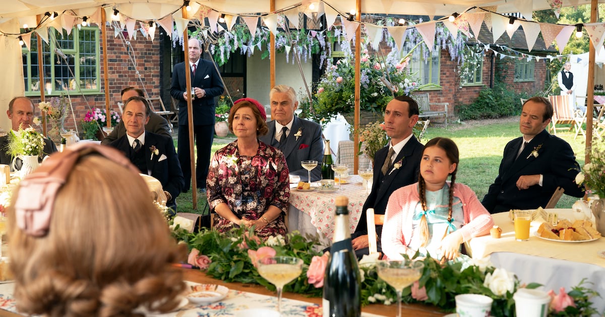 Group of people at an outdoor wedding reception in the 'Grantchester' Season 7 finale