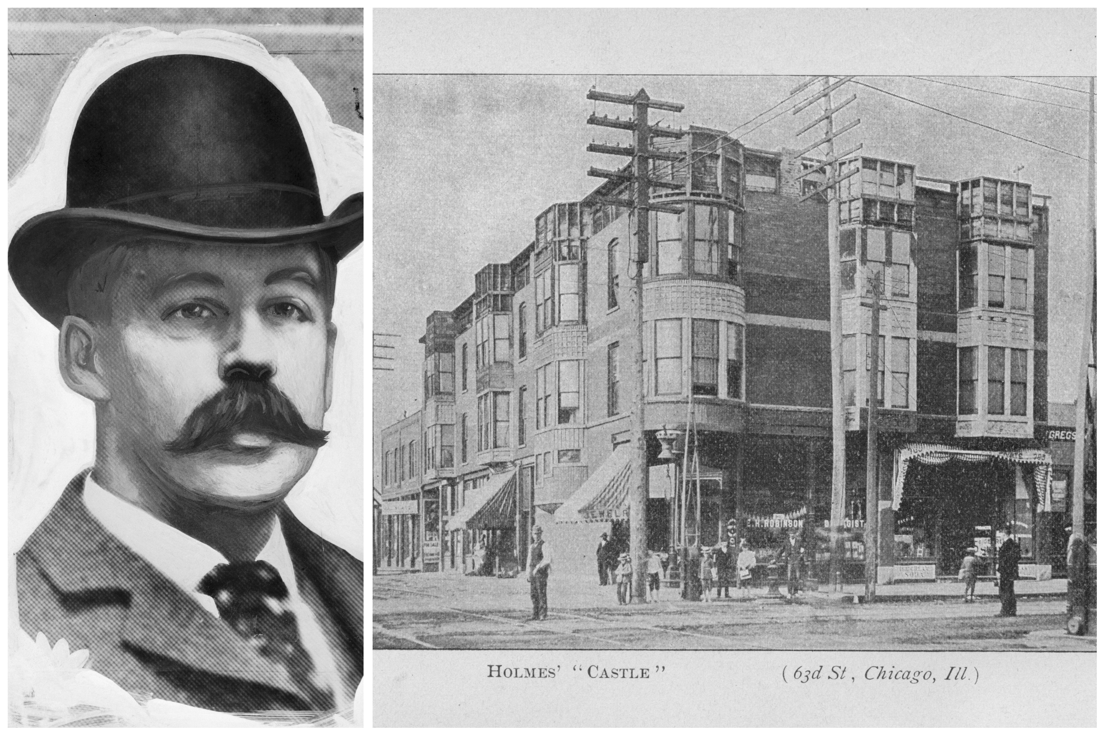Black and White drawing of HH Holmes next to image of his Murder Castle in Chicago