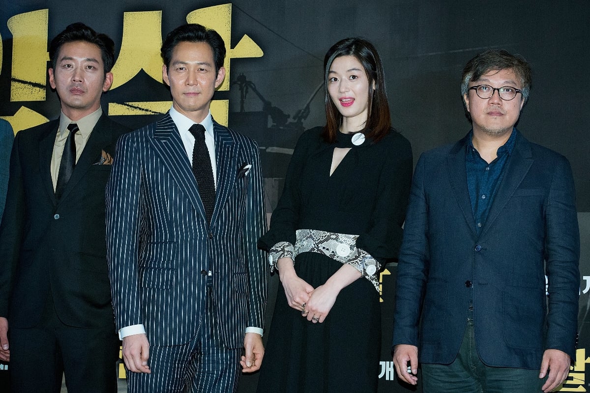 Ha Jung-woo, Lee Jung-jae, Jeon Ji-hyun (Gianna Jun), and Choi Dong-hoon attends the press conference for 'Assassination' at COEX MEGA Box on July 13, 2015 in Seoul, South Korea.