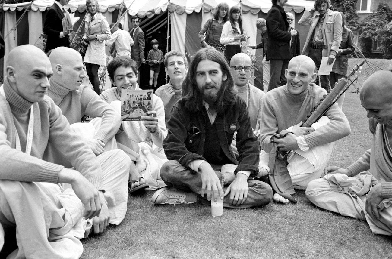 George Harrison and members of the Hare Krishna Temple in 1969.