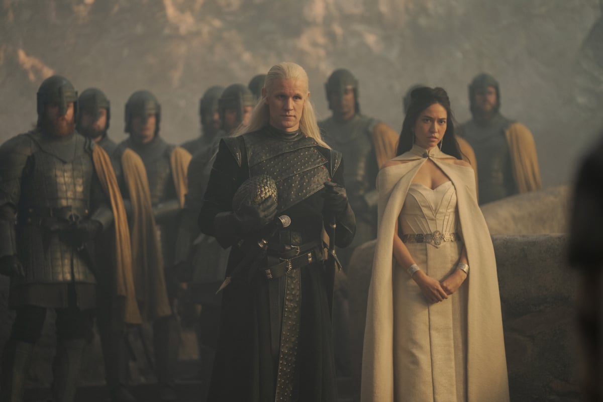 Daemon Targaryen and Lady Mysaria in House of the Dragon, standing in front of Dragonstone.