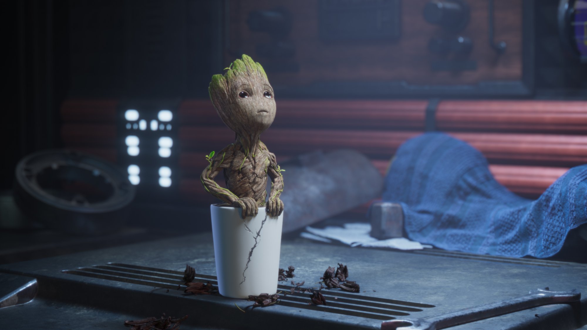 A screenshot from 'Groot's First Steps' for our ranking of Marvel's 'I Am Groot' shorts. In the image, Baby Groot is inside of his planter and looking up at something.