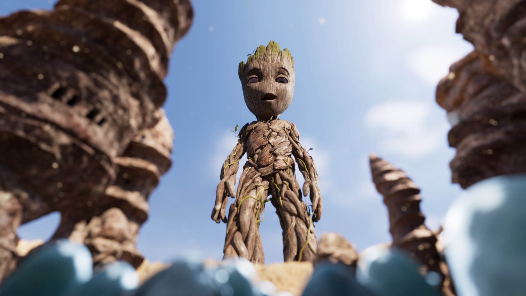 Baby Groot in 'The Little Guy' for our ranking of Marvel's 'I Am Groot' shorts. The image shows Groot towering over a bunch of small blue creatures and smiling.