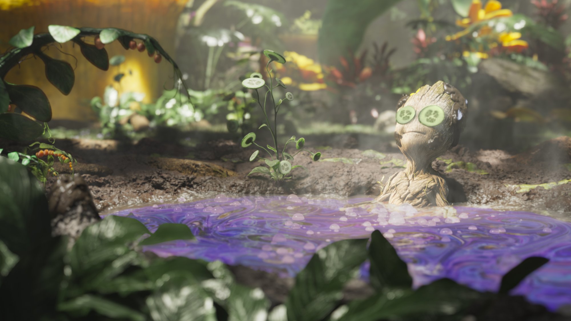 Baby Groot taking in a bath in Marvel's 'I Am Groot' short, 'Groot Takes a Bath.' He's surrounded by greenery and has cucumbers over his eyes.