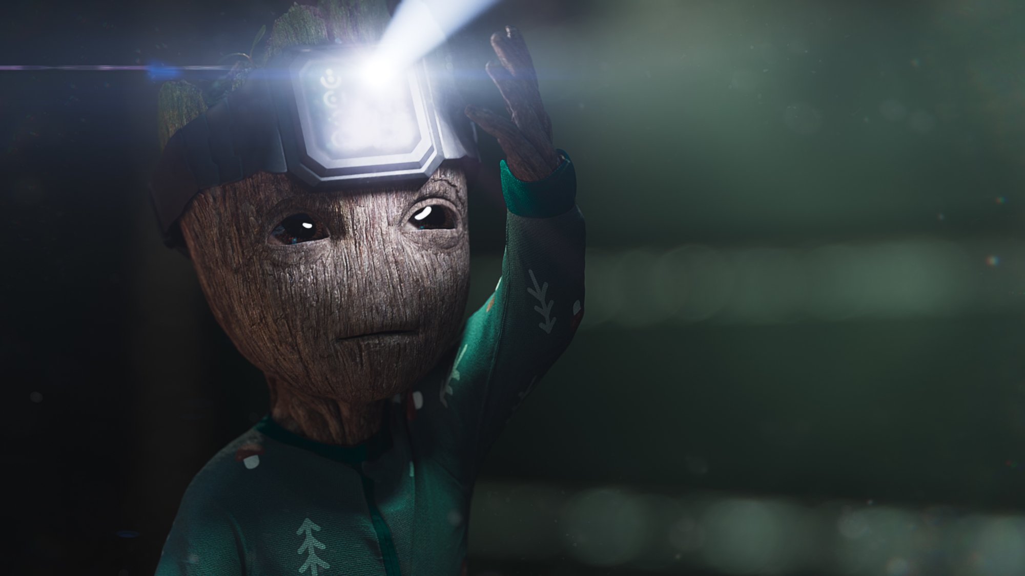 Baby Groot using a smart watch as a headlamp in one of Marvel's 'I Am Groot' shorts, 'Groot's Pursuit.'