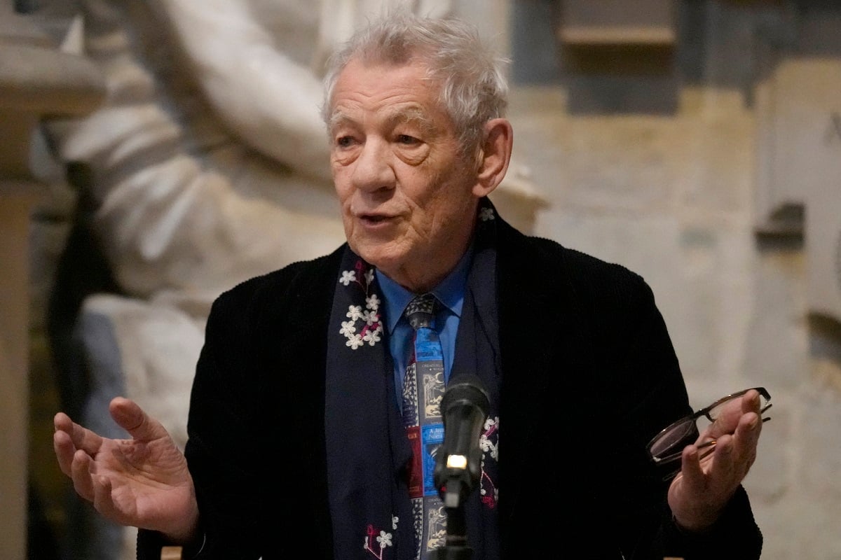 Ian McKellen speaking on stage.