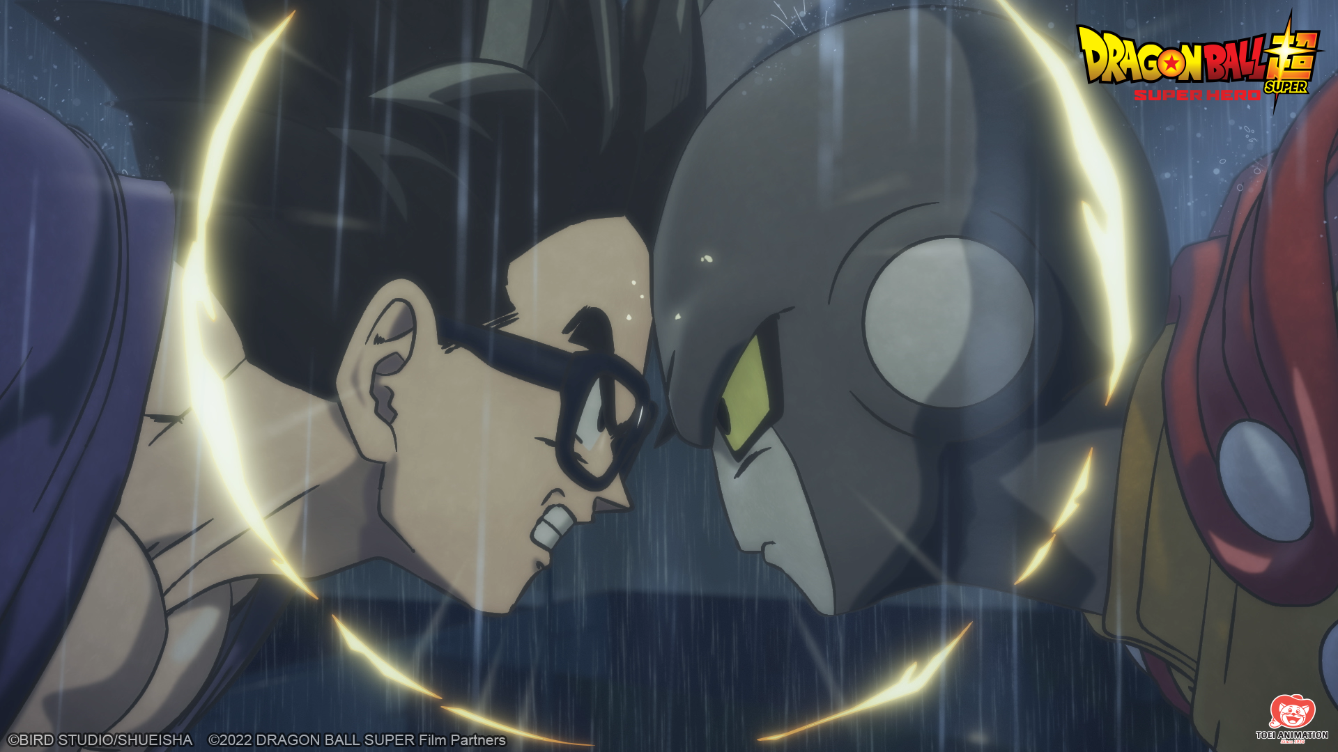Gohan and Gamma fighting in 'Dragon Ball Super: Super Hero,' which is not currently streaming. Both characters look angry, and they're pushing their foreheads together.