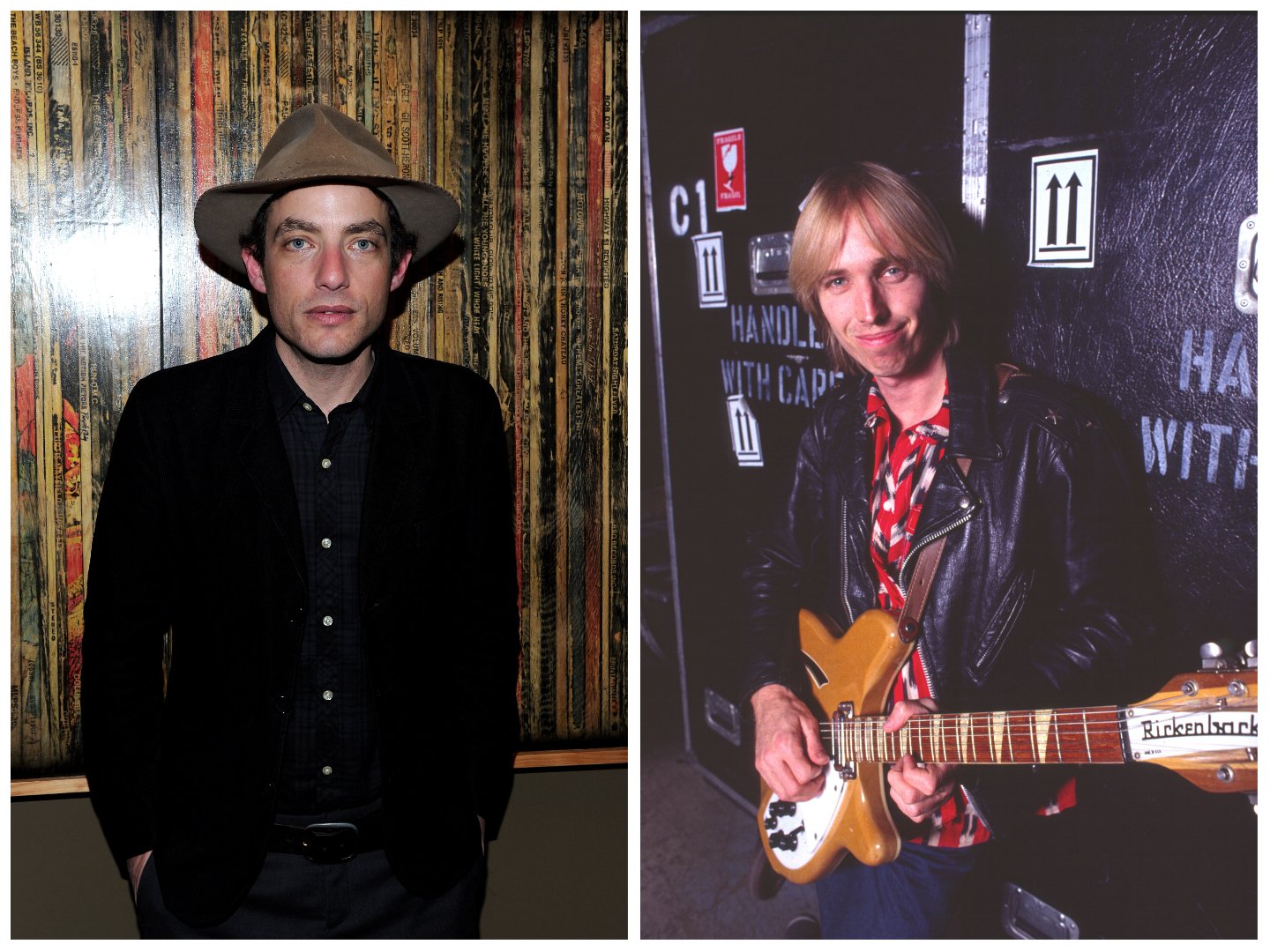 Bob Dylan's son Jakob wears a hat and stands in front of a wall. Tom Petty wears a leather jacket and holds a guitar.