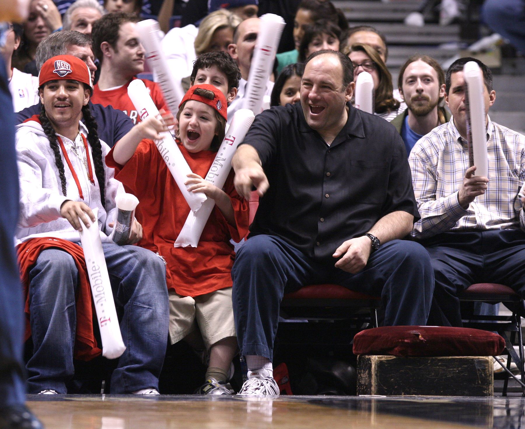 James Gandolfini and his son Michael Gandolfini at a Toronto Raptors and New Jersey Nets game at the Continental Arena