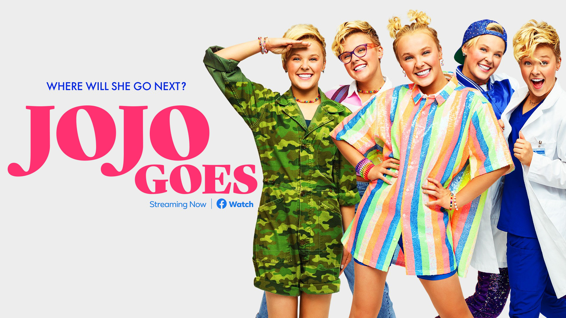 JoJo Siwa wears different costumes and outfits in the 'JoJo Goes' keyart photo