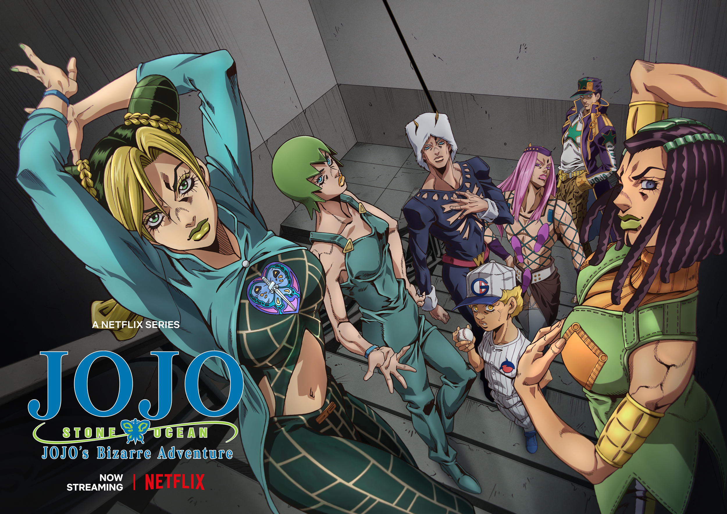 Key art for 'JoJo's Bizarre Adventure: Stone Ocean,' which could receive a Part 3 sometime in 2023. The image sees the main cast of the anime posing together with the logo placed in the bottom left corner.