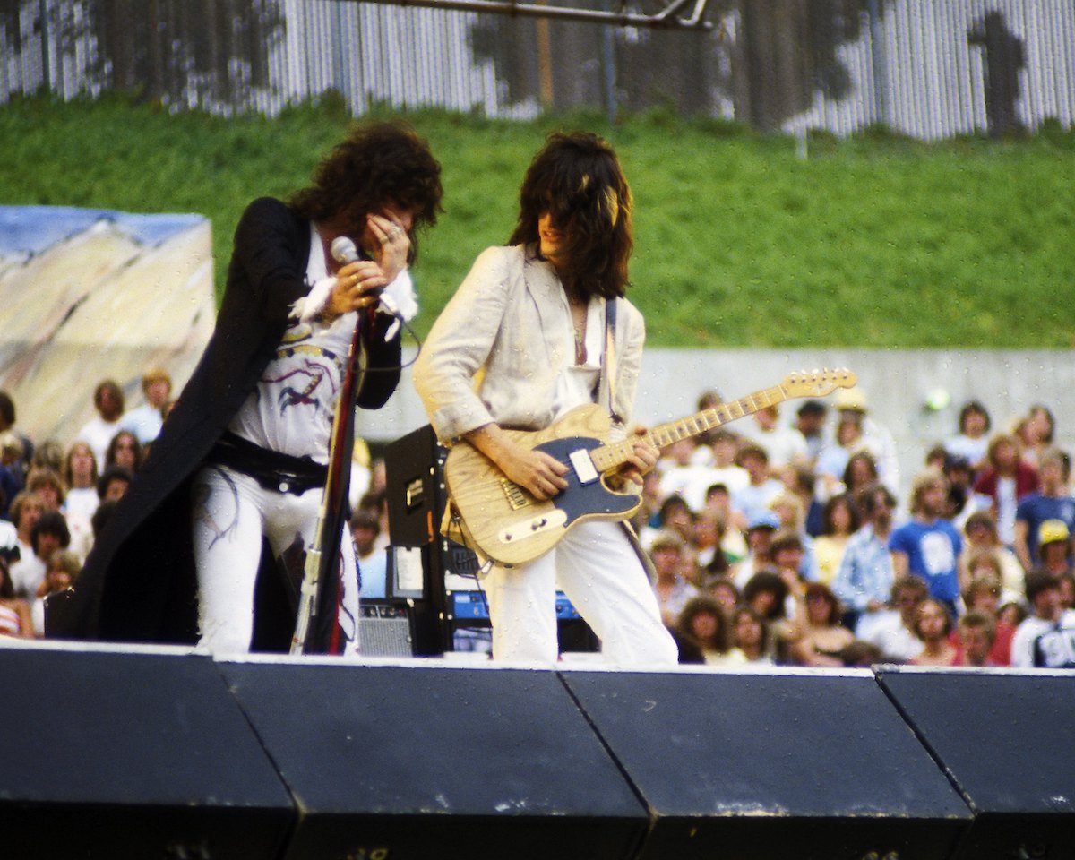 Steve Tyler and Joe Perry of Aerosmith perform at the Oakland Coliseum in 1979