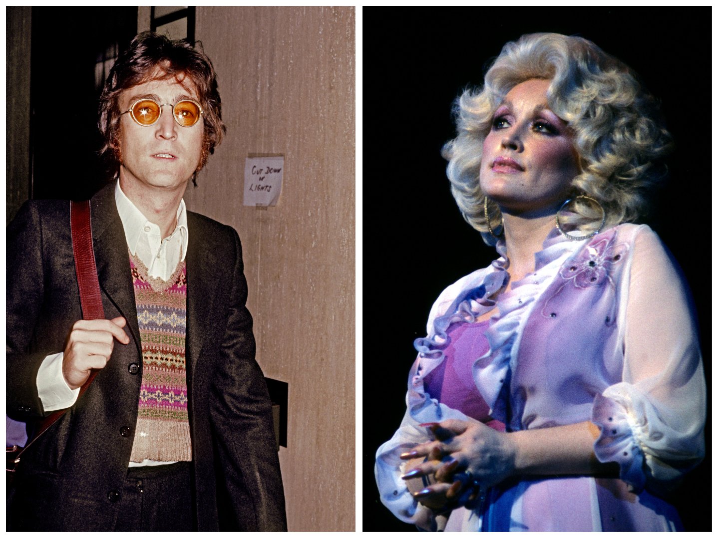 John Lennon holds a bag and wears tinted glasses. Dolly Parton wears a purple dress and clasps her hands. 
