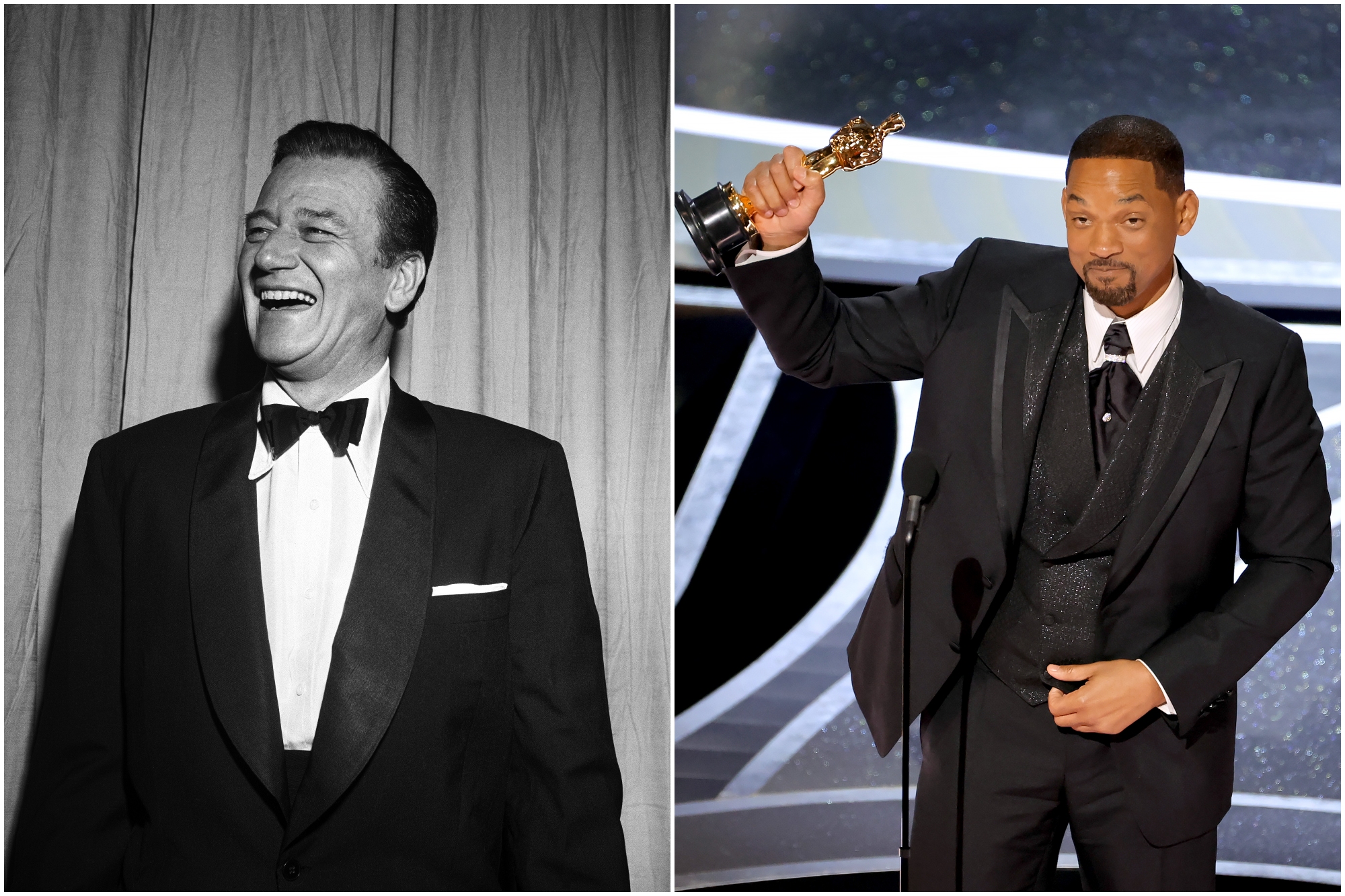 John Wayne and Will Smith at the Oscars. Wayne is smiling in a black-and-white photo wearing a tux. Smith is wearing a suit, holding up his Oscars statue.