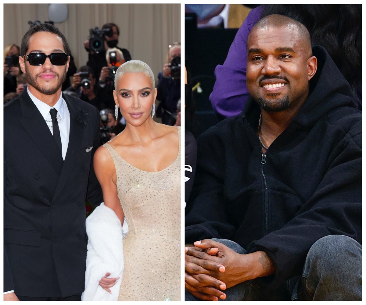 Side by side photos of Pete Davidson with Kim Kardashian, who just had a breakup, and Kanye West.