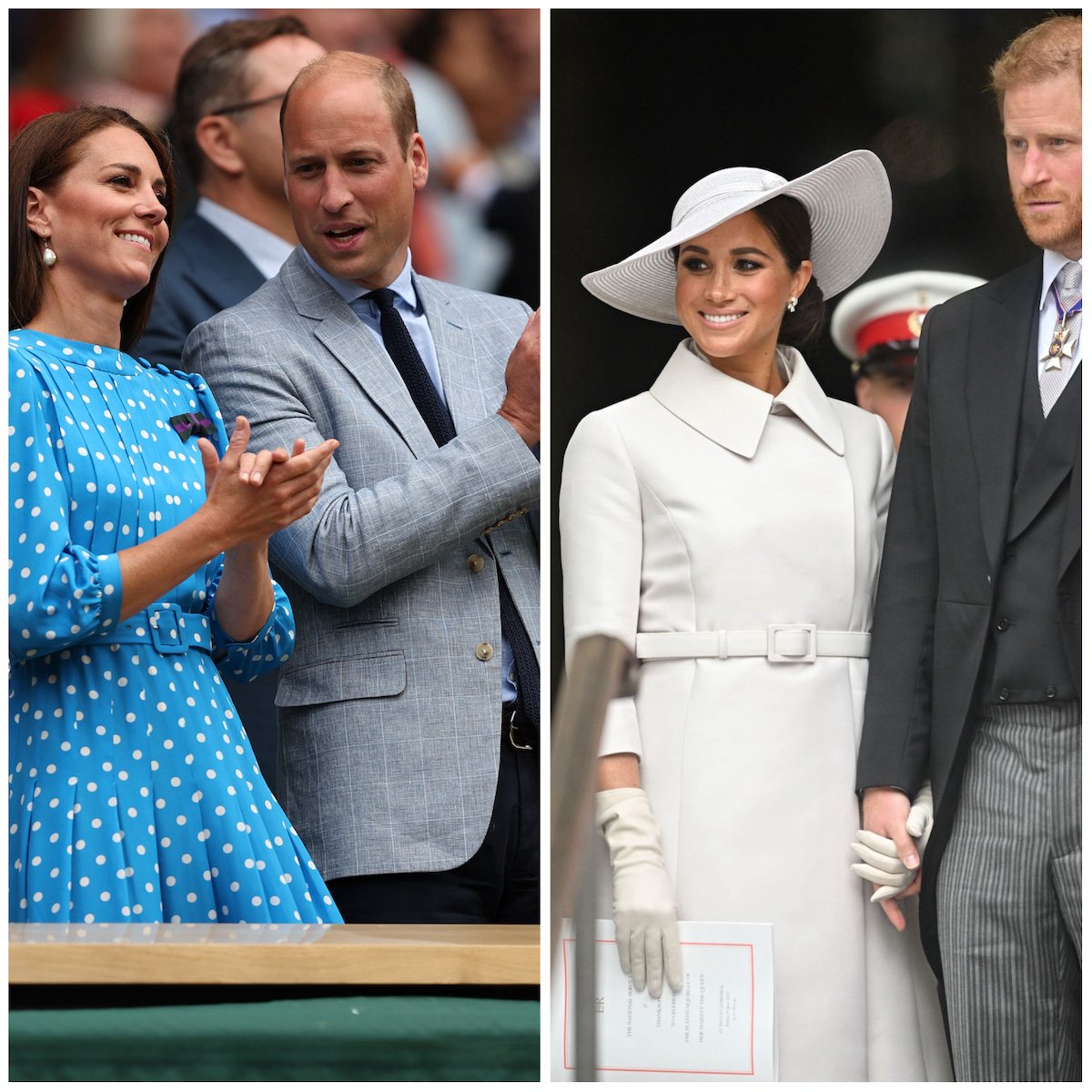 Kate Middleton and Prince William, who have events in September 2022, clap at Wimbledon; Meghan Markle and Prince Harry, who have events in September 2022, leave a national service of Thanksgiving in June 2022