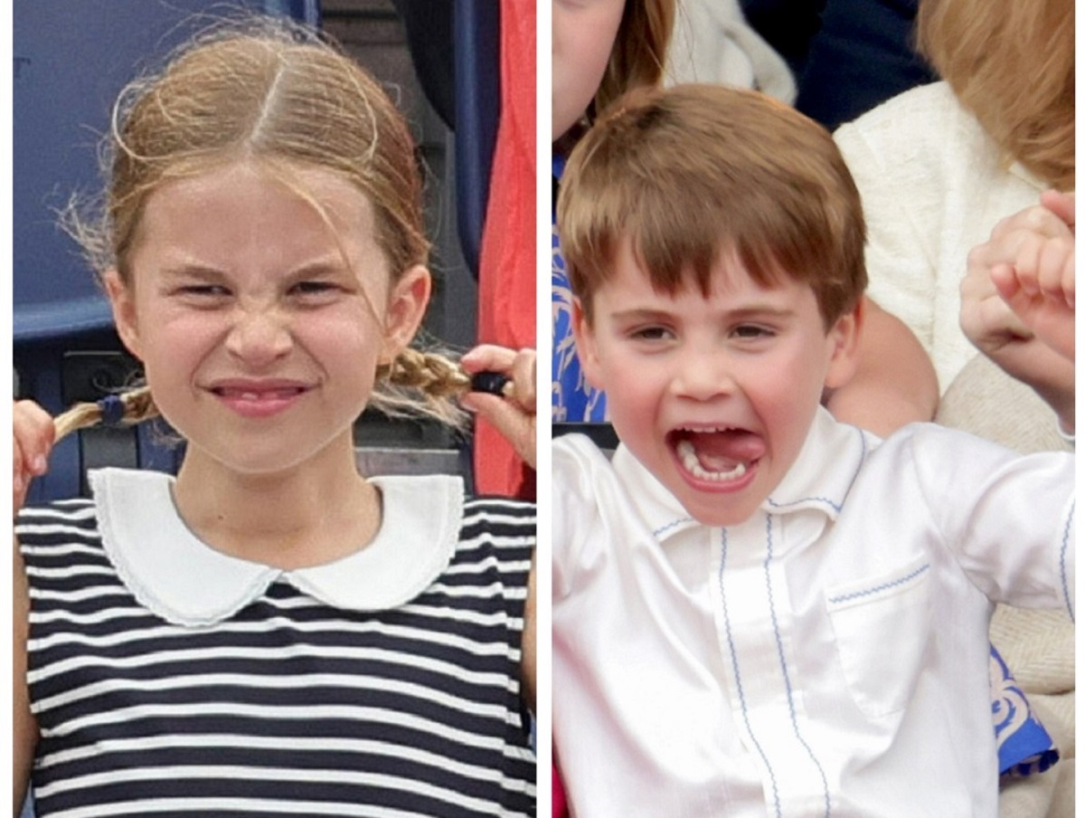 (L): Princess Charlotte pulling on her pigtails while making a funny face, (R): Prince Louis cheering and making a funny face during the Platinum Pageant