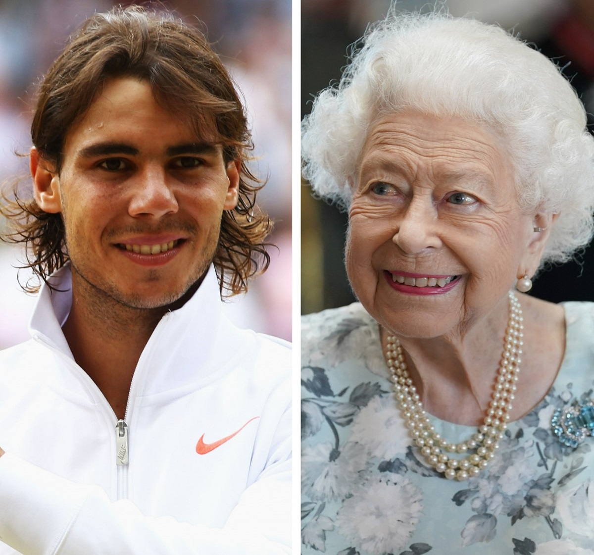 (L) Rafael Nadal of Spain poses for photo after win, (R) Queen Elizabeth II smiles during a visit to officially open the new building at Thames Hospice