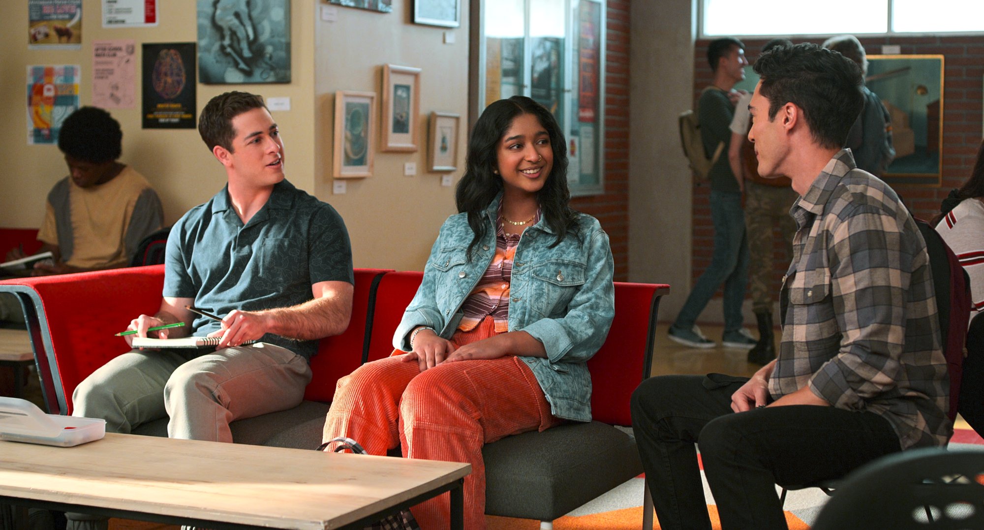 Love triangle characters Ben, Devi, and Paxton in 'Never Have I Ever' Season 3.