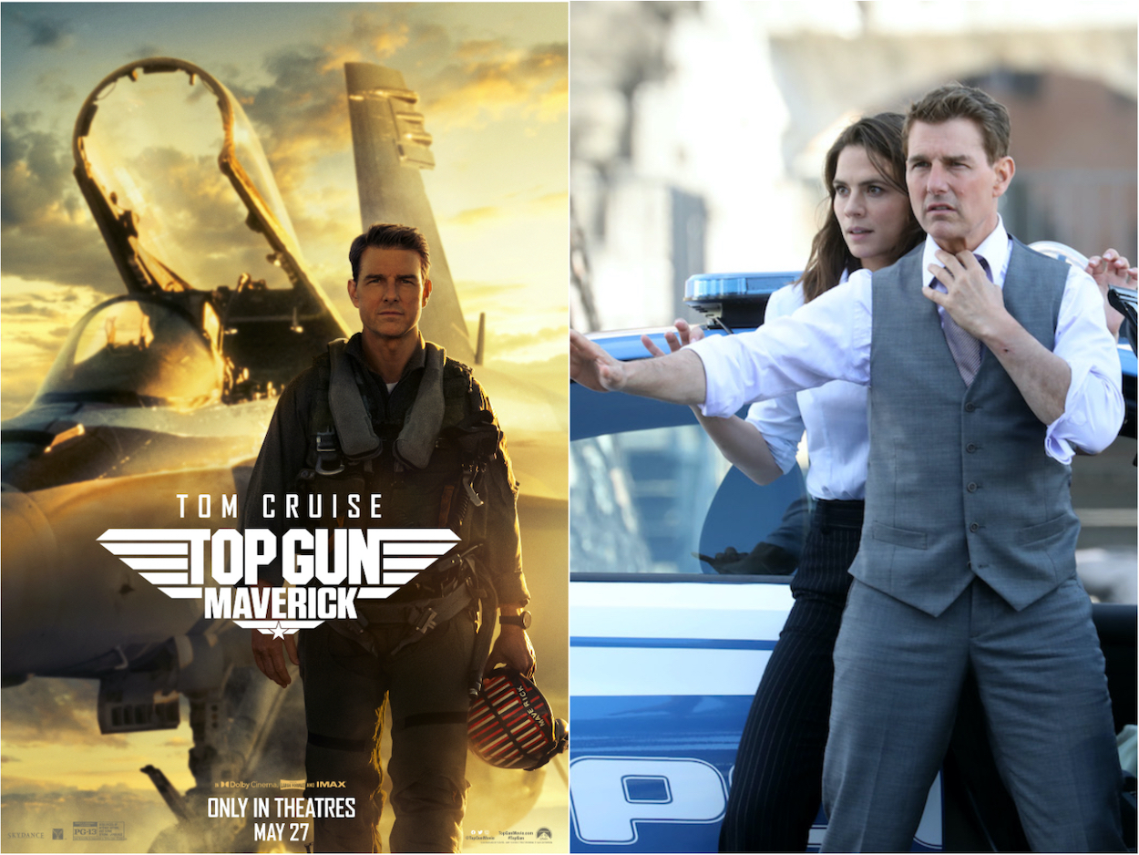 Tom Cruise in 'Top Gun: Maverick' (left), Cruise and Hayley Atwell filming 'Mission: Impossible -- Dead Reckoning Part One.' A box office expert believe the success of 'Top Gun: Maverick' could help 'Mission: Impossible -- Dead Reckoning' be billion-dollar movies.