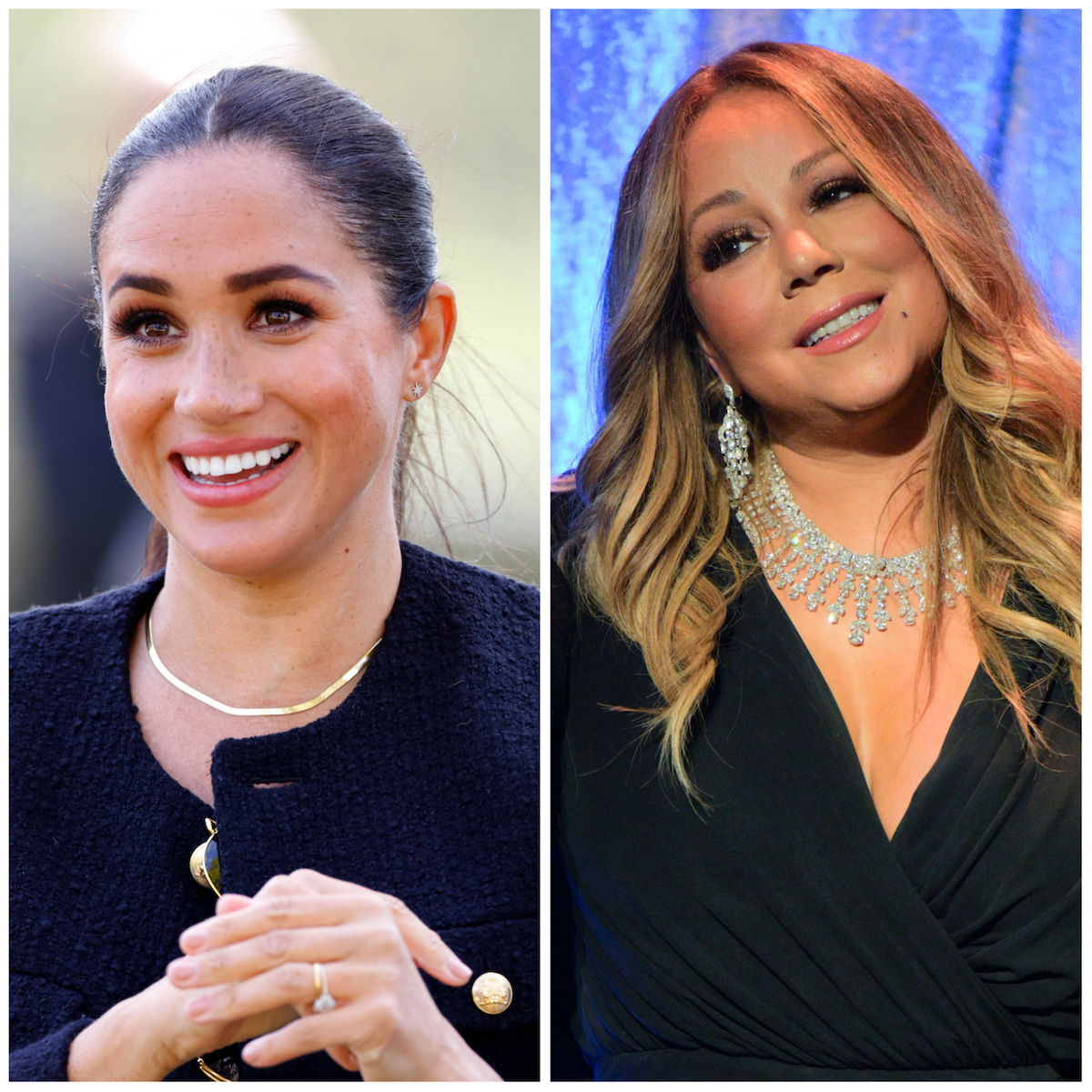 Meghan Markle, who had memorable moments in her 'Archetypes' podcast interview with Mariah Carey, looks on; Mariah Carey looks on wearing a black dress