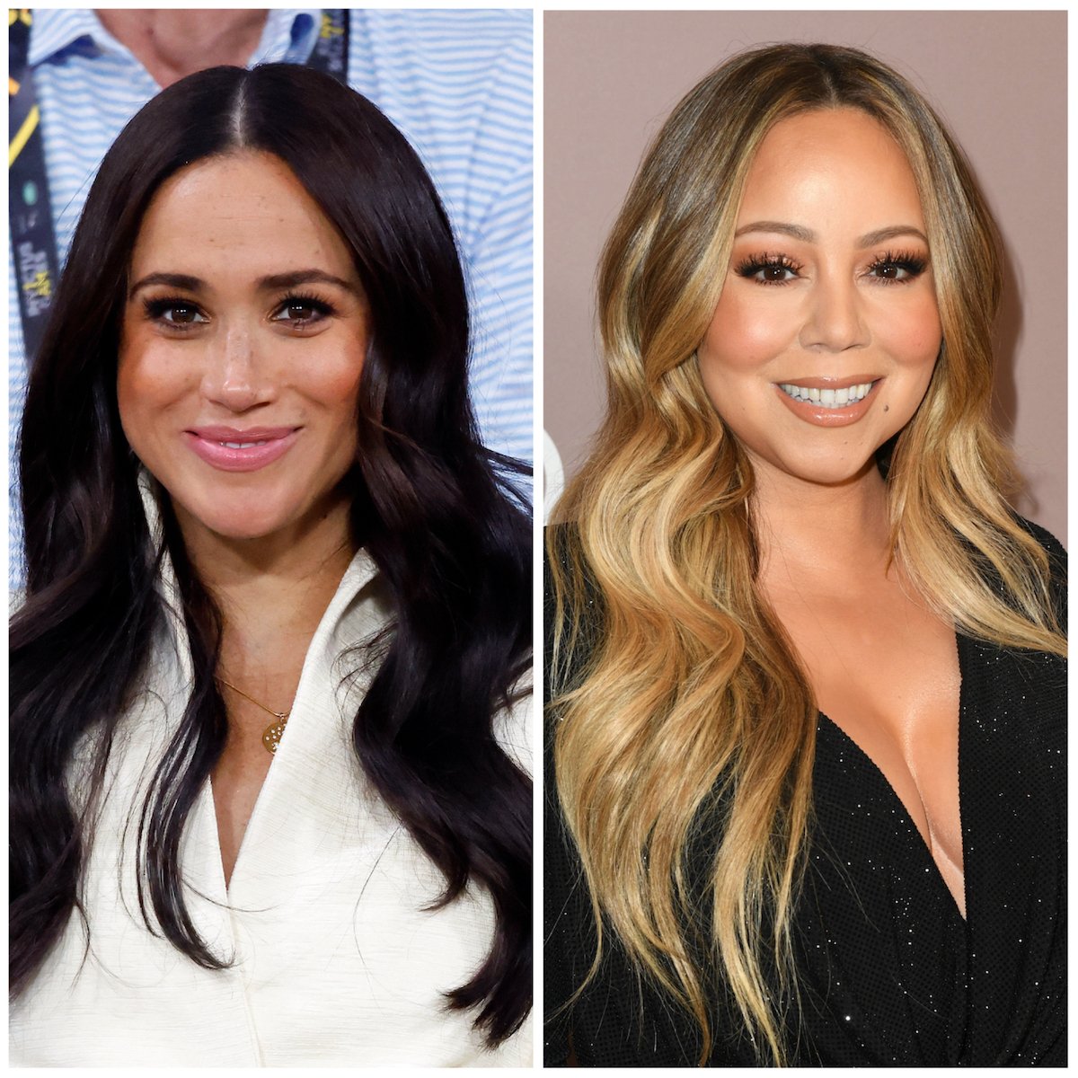 Meghan Markle, who 'started to sweat' when Mariah Carey called her a 'diva' on 'Archetypes' podcast, looks on; Mariah Carey, who said Meghan Markle has 'diva moments' on Meghan Markle's Spotify podcast, smiles wearing a black dress