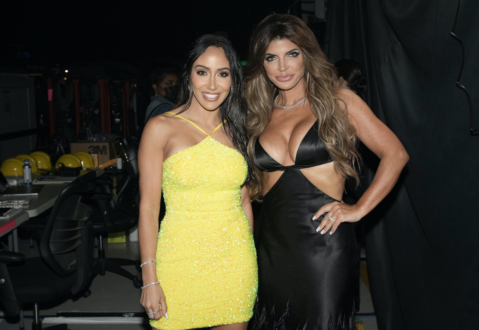 Melissa Gorga and Teresa Giudice pose next to each other and Teresa has her hand on one hip