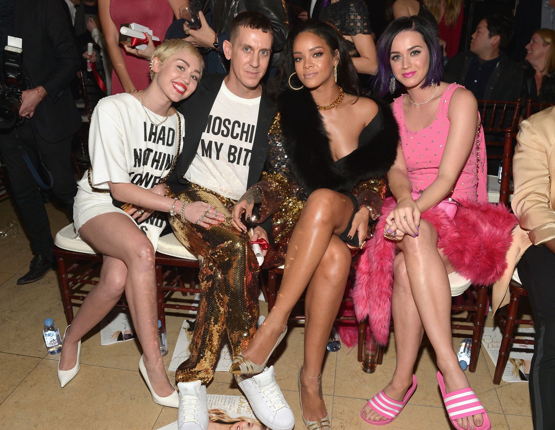 (L to R) Miley Cyrus, Jeremy Scott, Rihanna, and Katy Perry attending The Daily Front Row show at Sunset Tower
