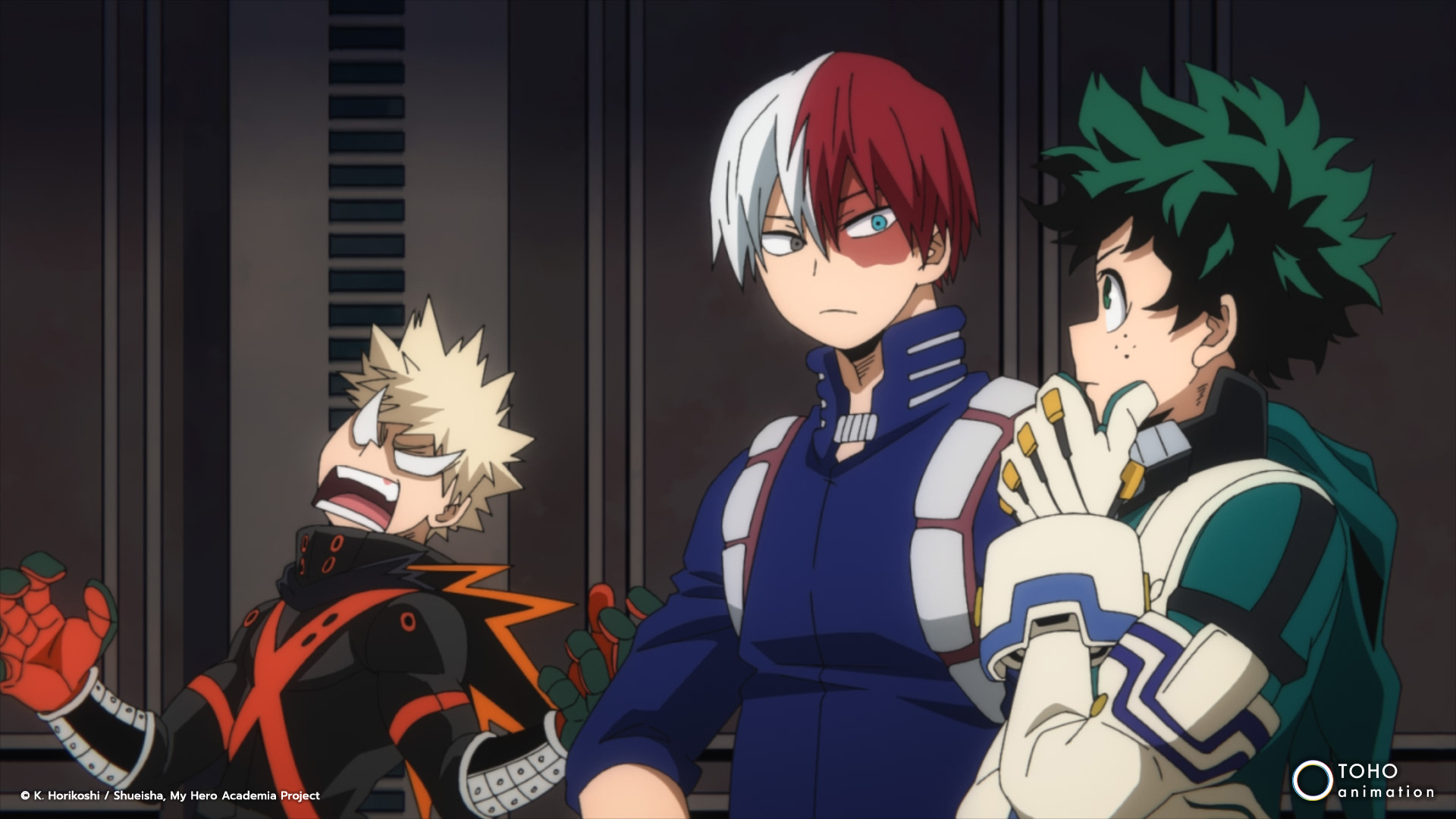 Bakugo, Todoroki, and Deku in 'My Hero Academia' Season 5's summer OVA episode, 'Laugh! As If You Are in Hell.' Deku and Todoroki are thinking, and Bakugo is in the background yelling.